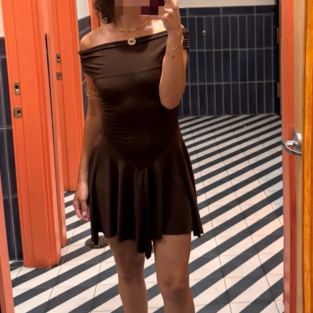 Elegant Off-Shoulder Brown Dress Asymmetric fairy
